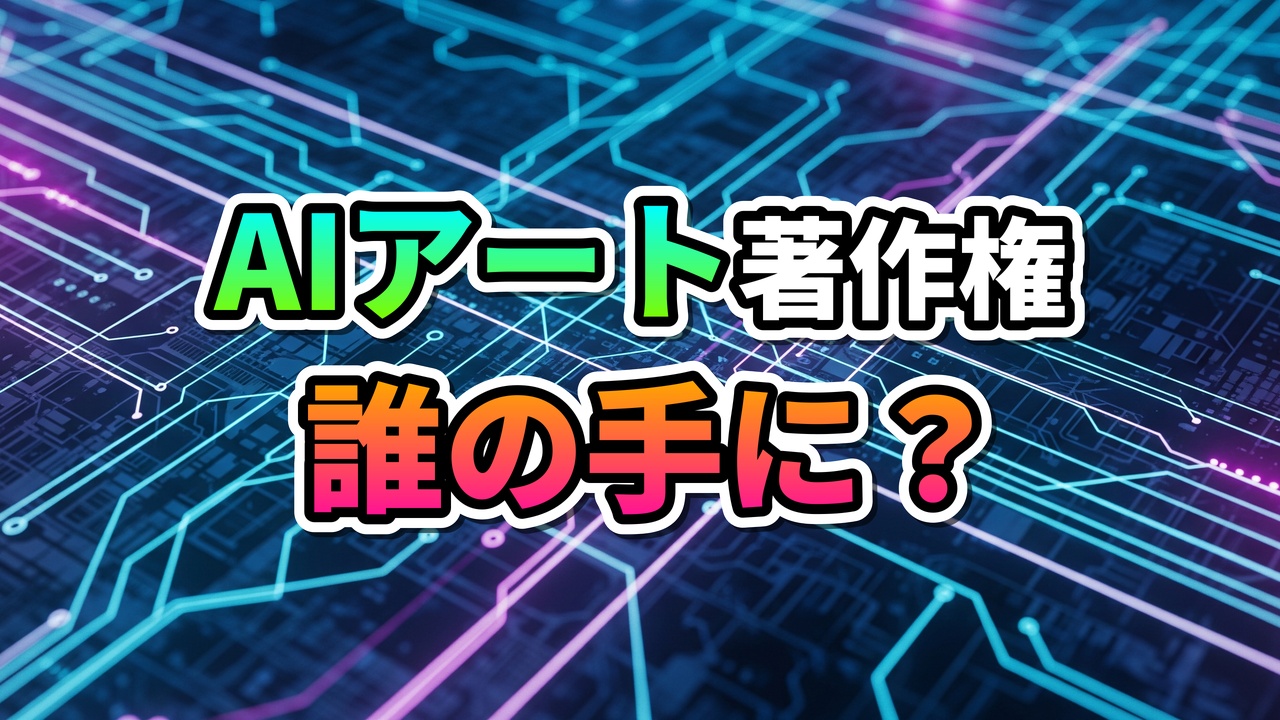 「AIアート著作権 誰の手に？」と書かれた、青と紫の光る回路基板を背景にした画像。AI生成物の権利問題を提起しています。
