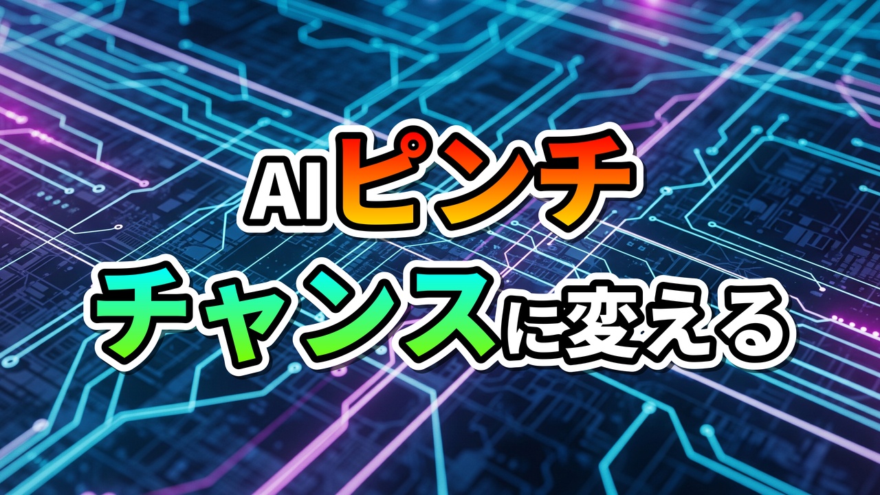 青い回路基板の背景に「AIピンチ チャンスに変える」と書かれたテキスト。AI導入の課題を機会に変える戦略的思考を表現しています。