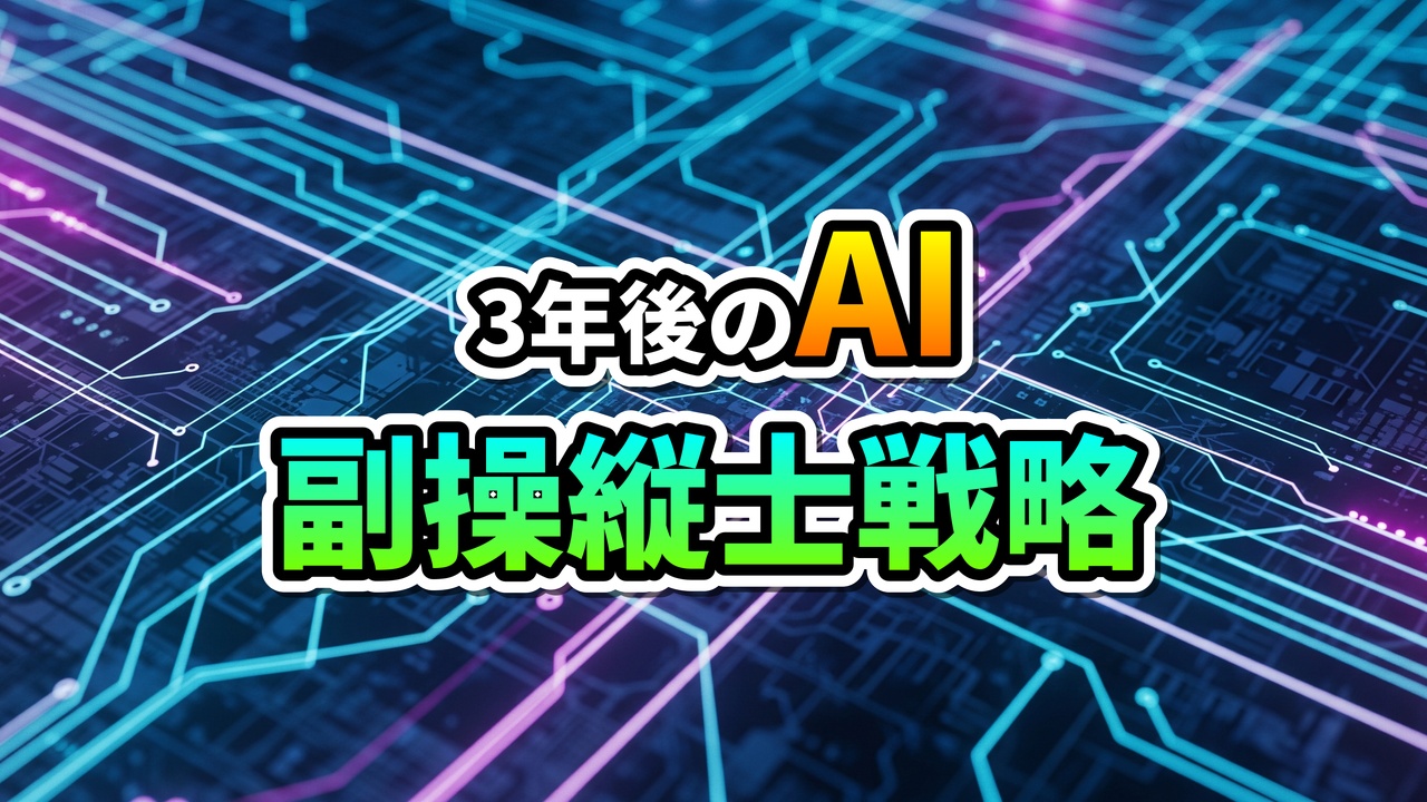 青と紫の回路基板を背景に、鮮やかなグラデーション文字で「3年後のAI 副操縦士戦略」と書かれた未来的な画像。AIの進化と信頼性を示唆。