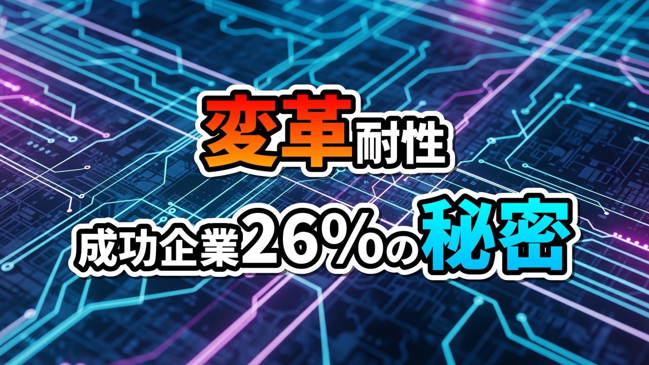 AI時代の変革耐性の重要性を示す画像です。青とピンクに光る回路基板を背景に「変革耐性」と「成功企業26%の秘密」の文字が描かれています。