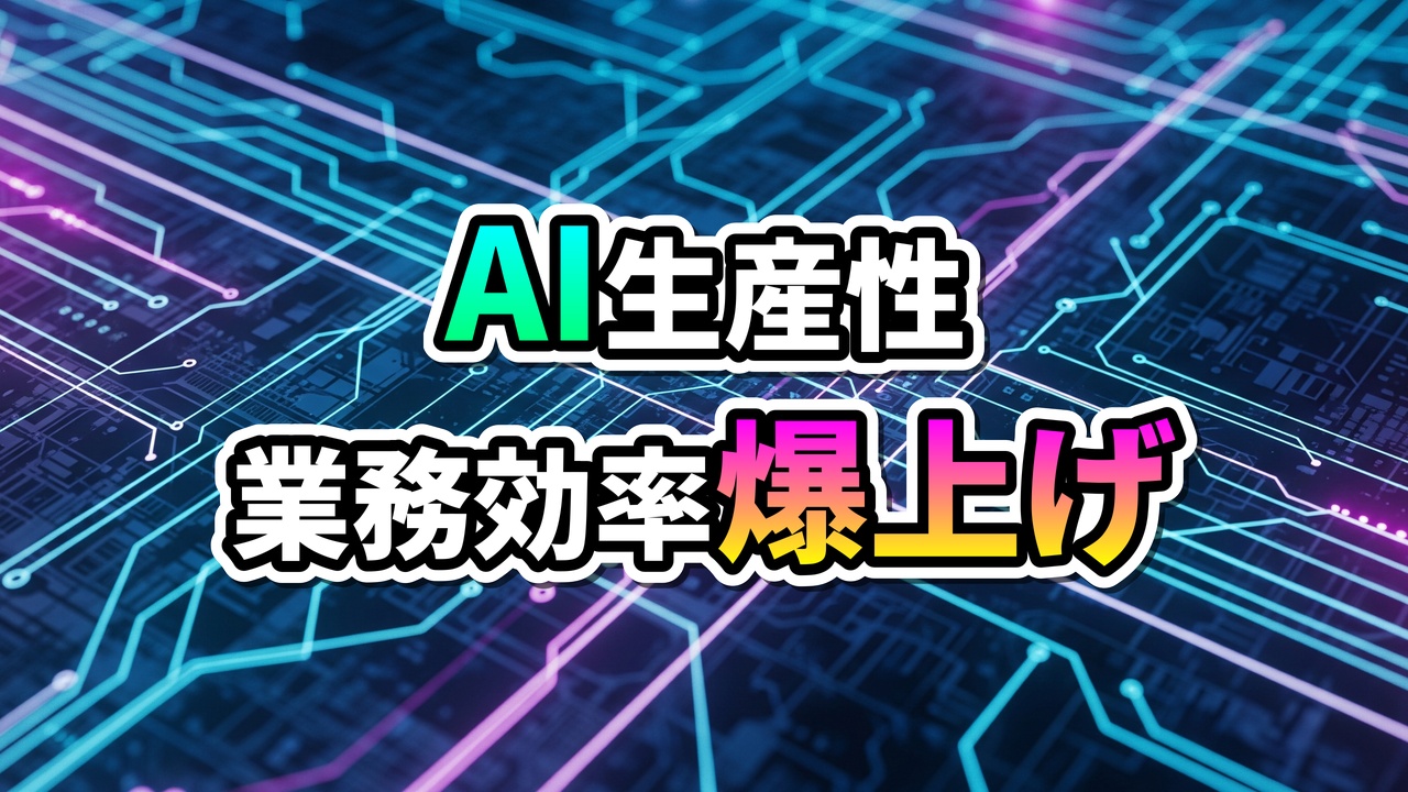 未来的な回路基板を背景に「AI生産性」と「業務効率爆上げ」の文字が緑とグラデーションカラーで強調された画像。AIによる生産性向上とワークフロー改善を示唆しています。