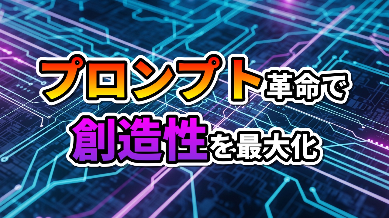 AIのデジタル回路基板を背景に、オレンジから赤、紫からピンクへのグラデーションで「プロンプト革命で創造性を最大化」の文字が表示されています。