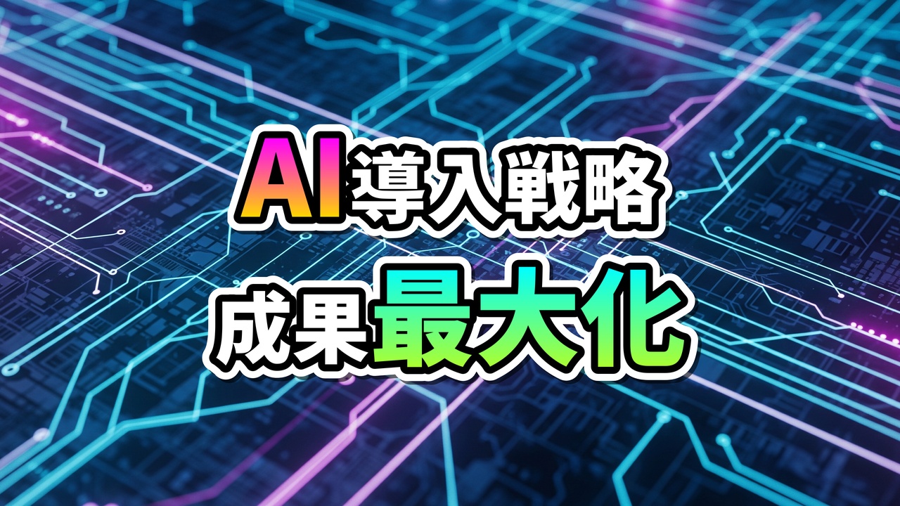 デジタル回路基板の背景に「AI導入戦略 成果最大化」というテキストが鮮やかなグラデーションカラーで表示されています。AIの戦略的活用と効果測定の重要性を示唆する画像です。