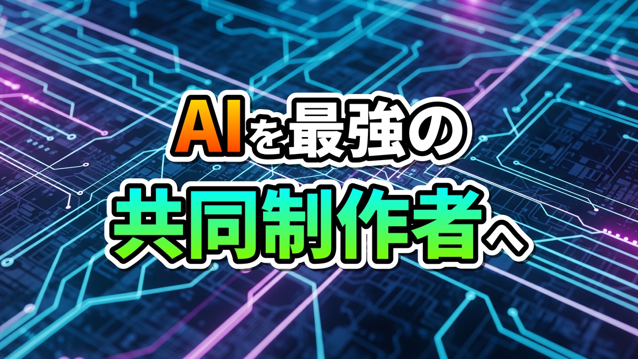 光る回路基板を背景に「AIを最強の共同制作者へ」という文字がオレンジと緑のグラデーションで大きく表示された画像。