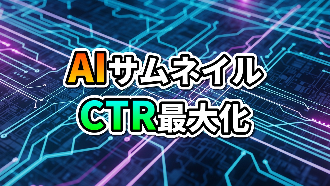 「AIサムネイル」と「CTR最大化」の文字がデジタル回路基板のような背景に浮かび上がるグラフィック。テクノロジーと効率性を強調。
