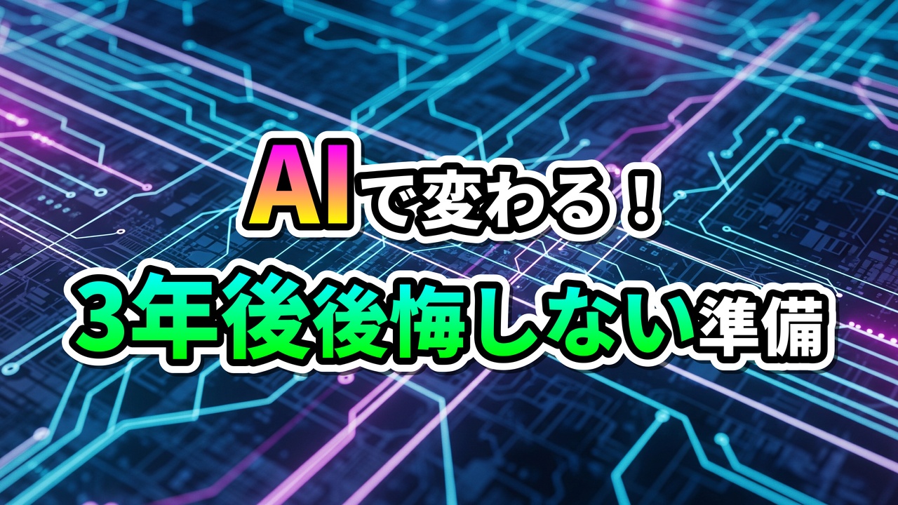 青と紫の光る回路基板を背景に、「AIで変わる！3年後後悔しない準備」という文字が鮮やかなグラデーションカラーで表示されています。
