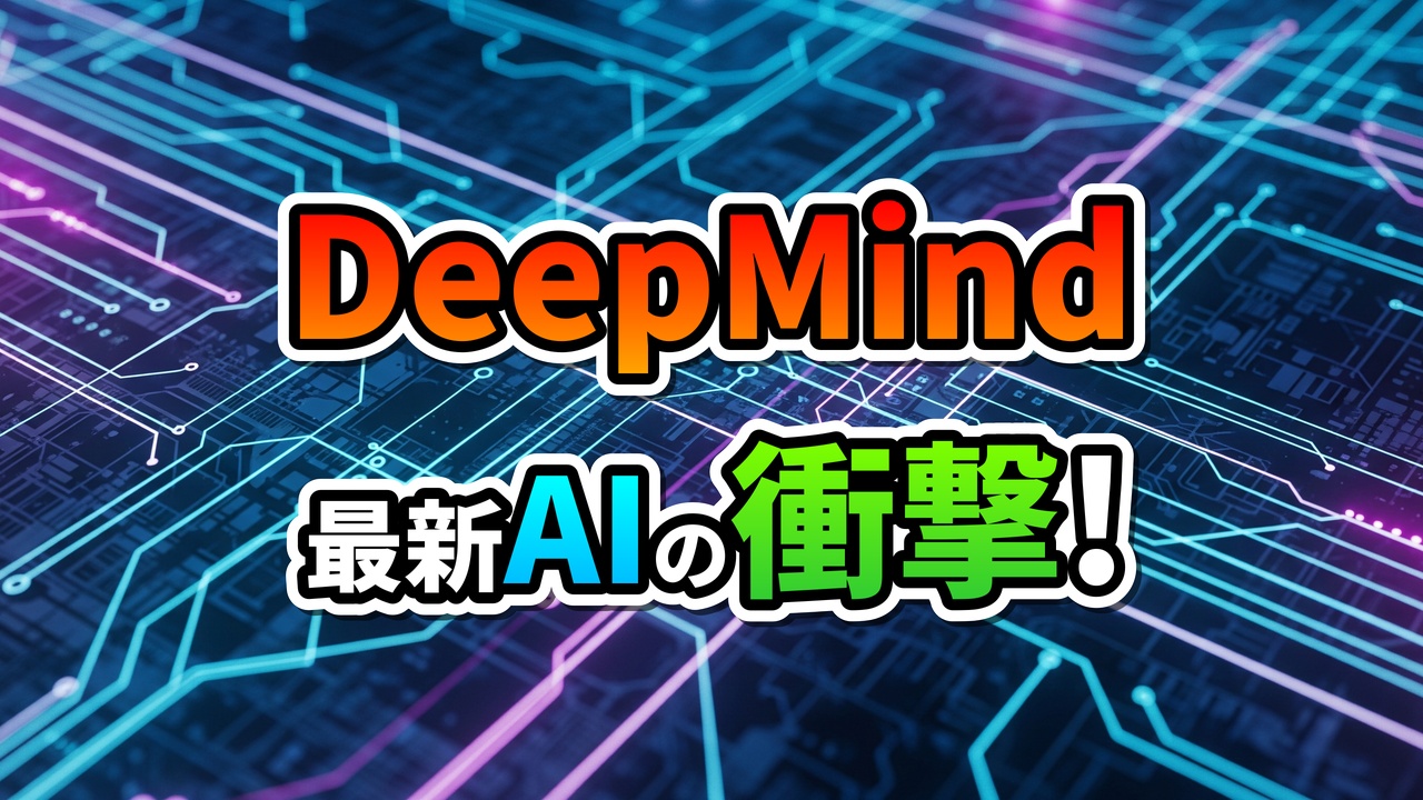 回路基板の背景に「DeepMind」と「最新AIの衝撃！」の文字が大きく表示された画像。未来的な青と紫の光が輝くテクノロジーのイメージ。