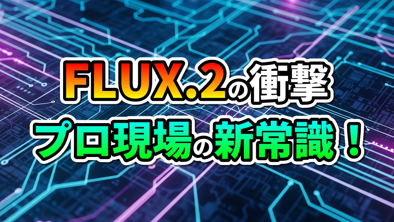 青と紫に光る回路基板を背景に、オレンジから黄色のグラデーションで「FLUX.2の衝撃」、緑から水色のグラデーションで「プロ現場の新常識！」と書かれたロゴ。AI画像生成の新標準を示すデザインです。