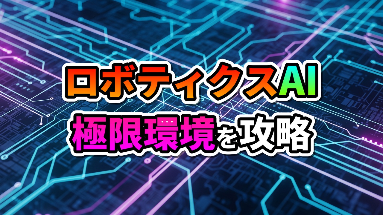 青と紫の回路基板を背景に、「ロボティクスAI 極限環境を攻略」と書かれたカラフルなテキスト。自律型AIローバーの宇宙探査技術を示唆。