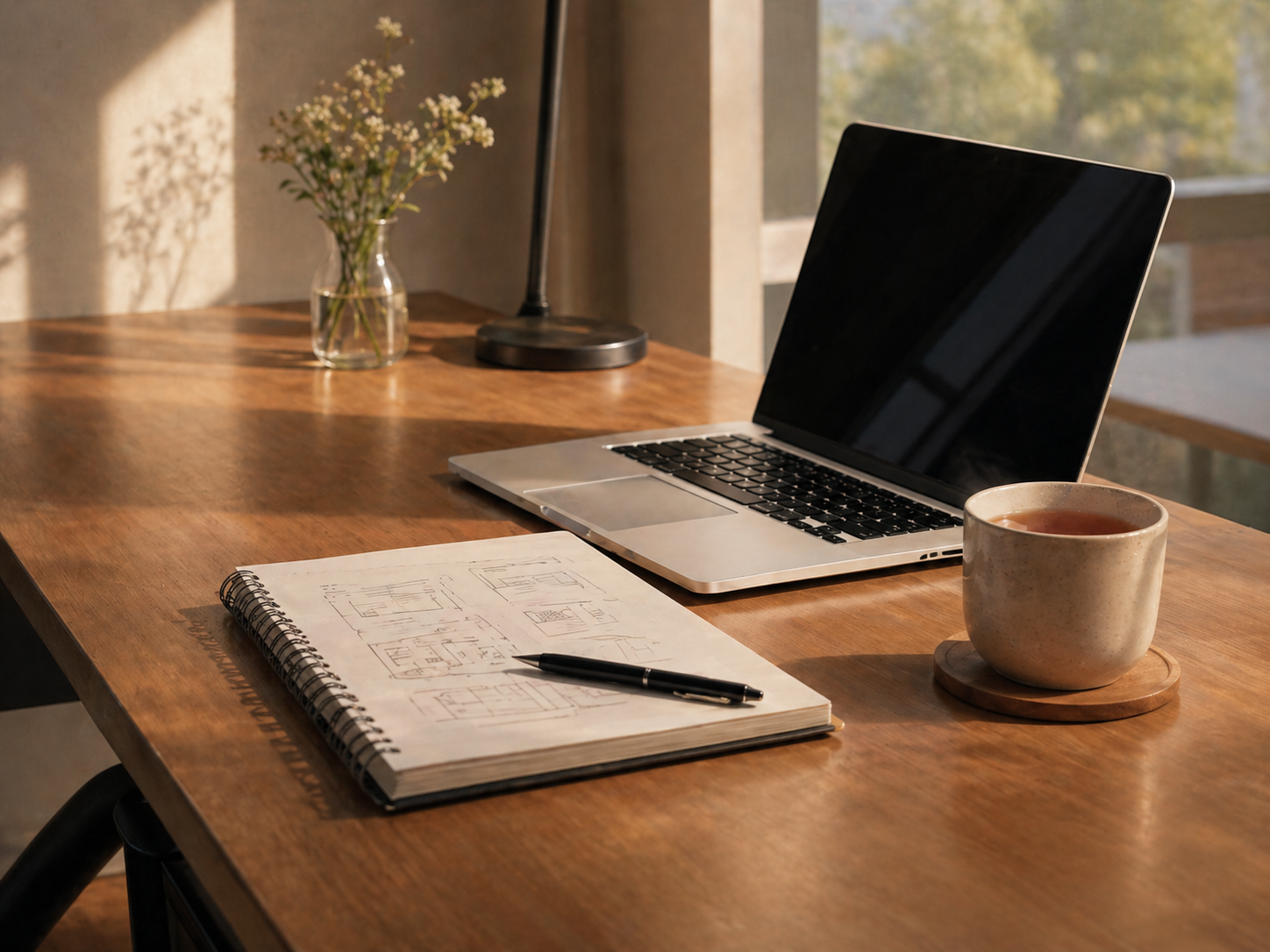 ノートとお茶が整えられた明るい机