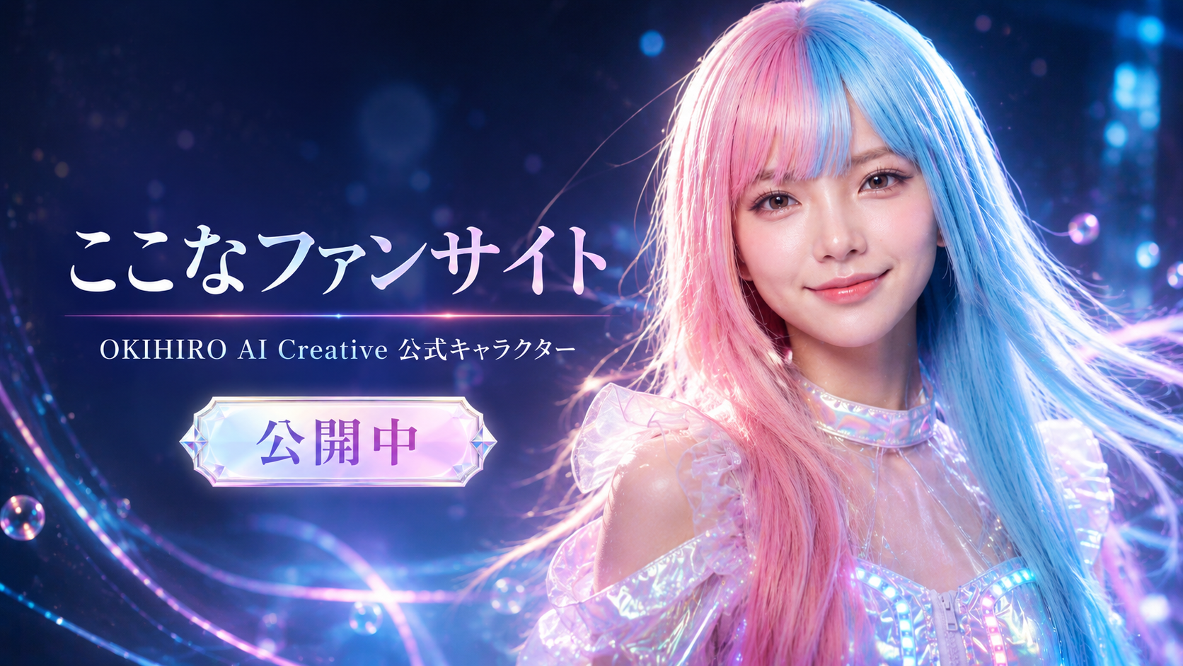 ここなファンサイト告知バナー。OKIHIRO AI Creative公式キャラクター、公開中と書かれた画像