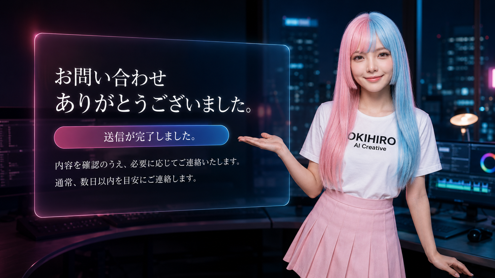 OKIHIRO AI Creativeのお問い合わせ完了を案内するサンクスページ画像。夜のクリエイティブスタジオを背景に、ピンクとブルーの髪のキャラクターが「お問い合わせありがとうございました」「送信が完了しました」のメッセージを案内している。