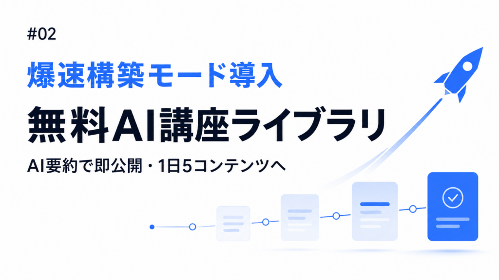 #02 爆速構築モード導入 無料AI講座ライブラリ AI要約で即公開・1日5コンテンツへ
