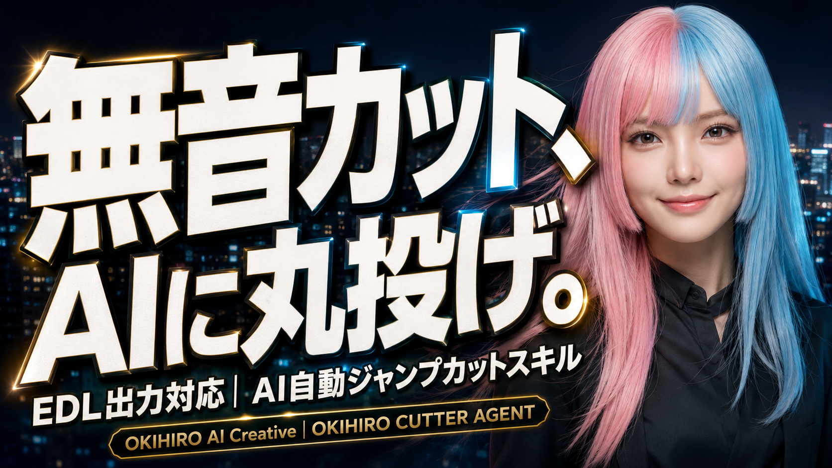 ピンクと青の髪の美少女「ここな」と、夜景を背景にした「無音カット、AIに丸投げ。EDL出力対応｜AI自動ジャンプカットスキル」の文字が描かれたアイキャッチ画像