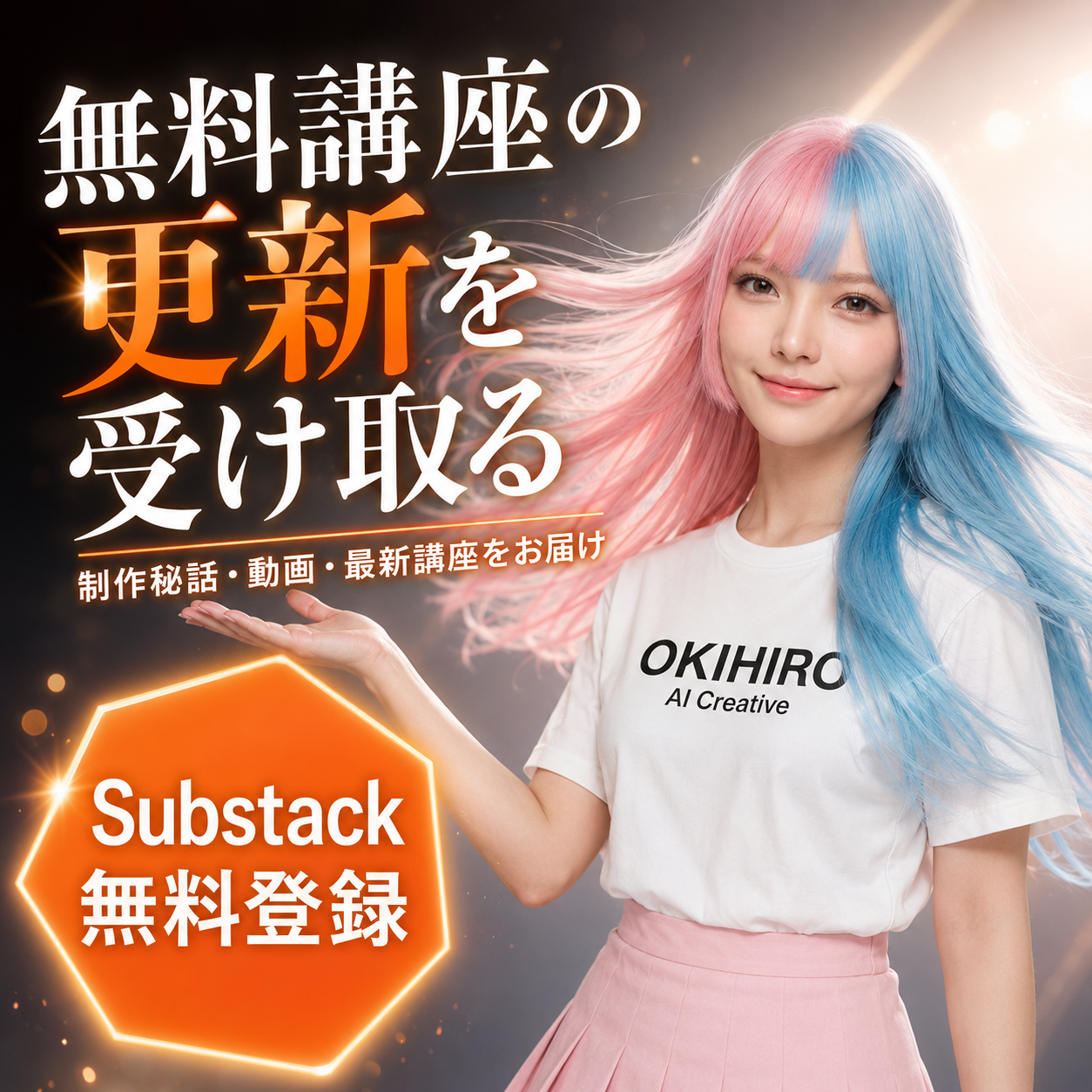 Substack無料登録の案内ビジュアル。黒背景にオレンジのアクセントで、無料講座の更新や制作秘話のお届けを告知している。