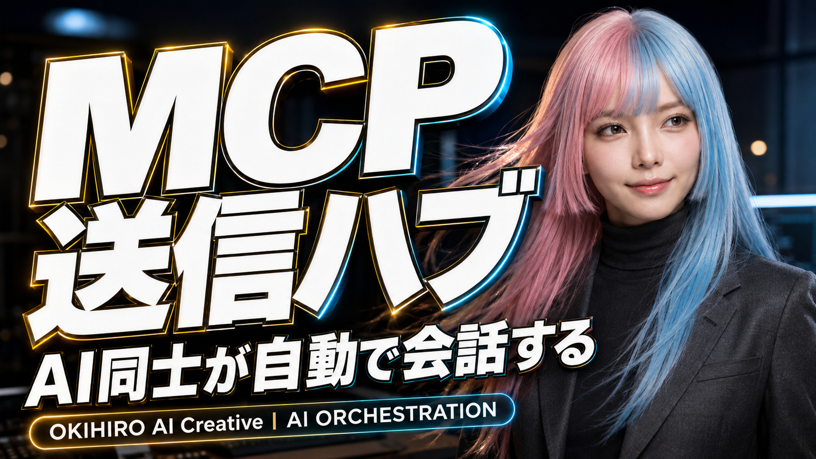 MCP送信ハブをテーマにしたBrain記事のアイキャッチ画像。夜の都市を背景に、ピンクとブルーの髪の女性と「MCP送信ハブ」「AI同士が自動で会話する」という大きな文字が配置されている。