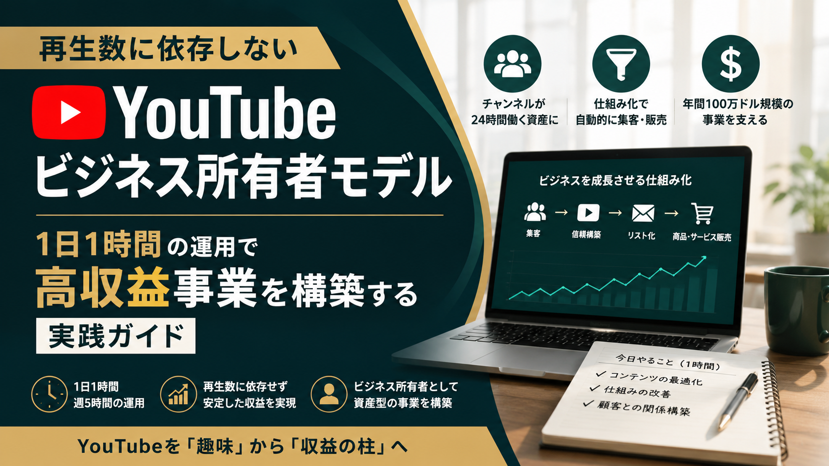 再生数に依存しないYouTubeビジネス所有者モデルを解説するアイキャッチ画像。1日1時間の運用で仕組み化し、高収益事業を目指すイメージ。