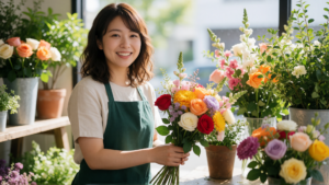 花屋で季節の花を束ねる日本人女性