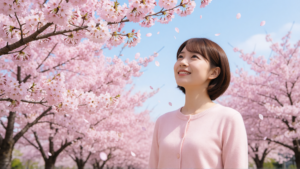 桜並木を見上げる日本人女性