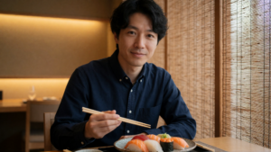和食店で寿司を味わう日本人男性