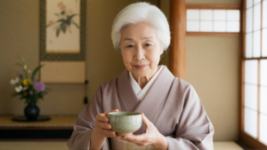 茶室で茶道をたしなむ日本人シニア女性