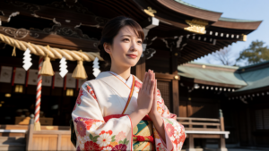 初詣の神社で祈る日本人女性