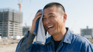 現場で豪快に笑う日本人男性