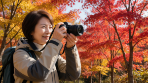 森で紅葉を撮影する日本人シニア女性