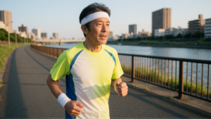 河川敷をジョギングする日本人シニア男性
