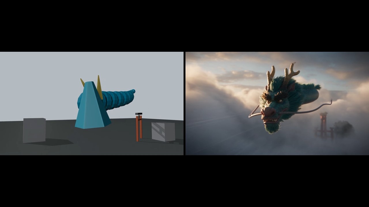 Blender のプリビズ → Seedance 2.5｜雲海を飛ぶ龍（Antigravity）